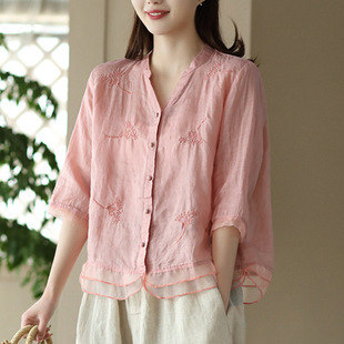 荣昌夏布新款复古100%苎麻衬衣女文艺挑纱刺绣衬衫气质拼接上衣