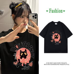 安宥真同款猫咪图案印花设计感黑色短袖t恤女美式宽松小众上衣服