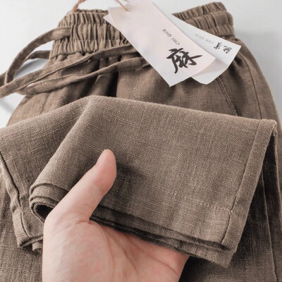 禅意风天然苎麻棉直筒休闲裤男夏季卡其色轻薄透气高腰垂感亚麻裤