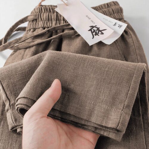 禅意风天然苎麻棉直筒休闲裤男夏季卡其色轻薄透气高腰垂感亚麻裤