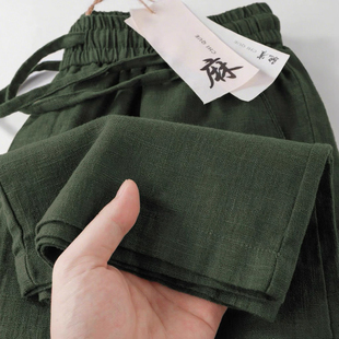 禅意风天然苎麻棉休闲裤 男绿色直筒通勤轻薄透气高腰女垂感亚麻裤