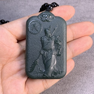 和田玉青玉关公玉牌吊坠男士双面雕刻挂件玉石颈饰83.05克