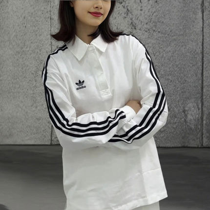 阿迪达斯三叶草女装白色长袖T恤POLO衫25秋美式宽松运动服IZ2459