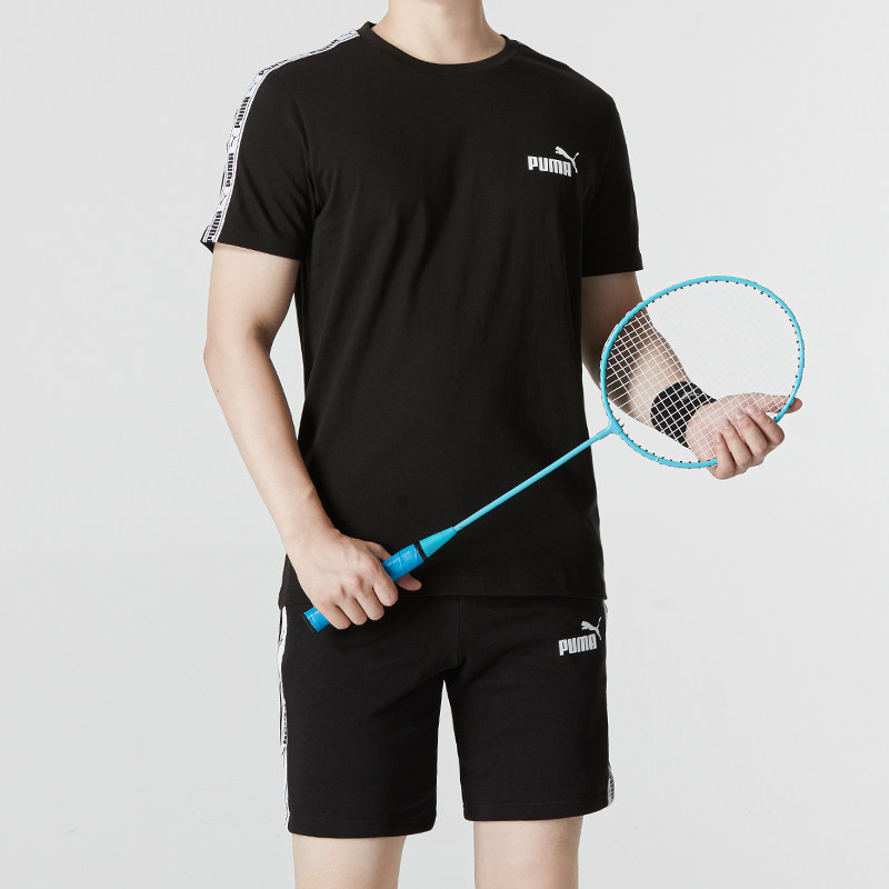 푸마 푸마 스포츠 정장 남성 2024 겨울 신작 남성 스트링 라벨 투피스 세트 반바지가 포함된 검정색 반팔 세트