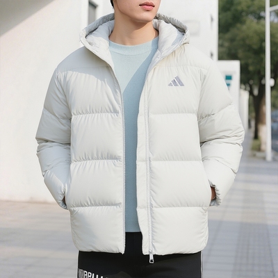 adidas阿迪达斯保暖连帽外套冬季男装白色短款鸭绒羽绒服KC2477