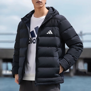 阿迪达斯羽绒服官方正品男装2025秋冬新款黑色连帽运动保暖KH3993