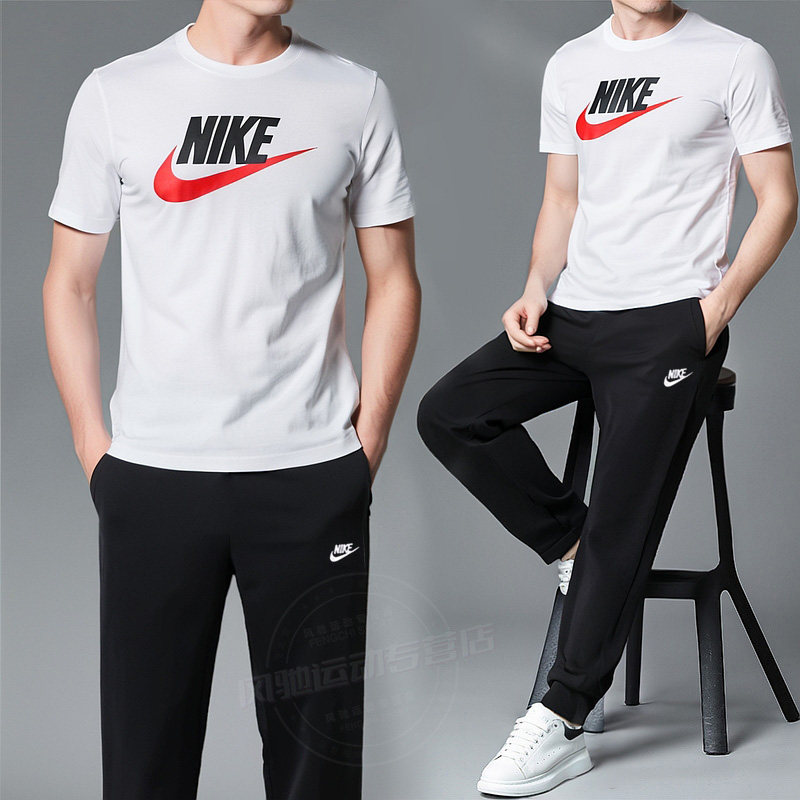 Nike耐克男装休闲两件套运动套装白色短袖收口长裤子休闲跑步T恤