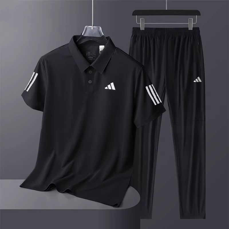 阿迪达斯正品男子套装休闲运动短袖长裤两件套翻领运动商务套装男
