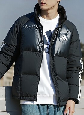 阿迪达斯立领羽绒服女2025冬季新款运动服黑色加厚鸭绒外套JG5923