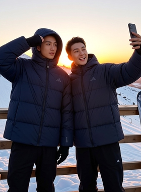 阿迪达斯男装连帽羽绒服短款黑色25冬季运动服宽松保暖外套KC2478