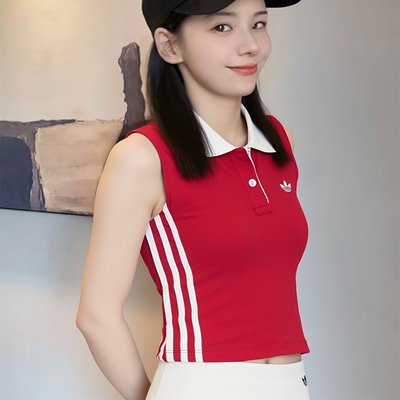 adidas阿迪达斯三叶草26夏女装针织运动无袖POLO领背心T恤KY5695