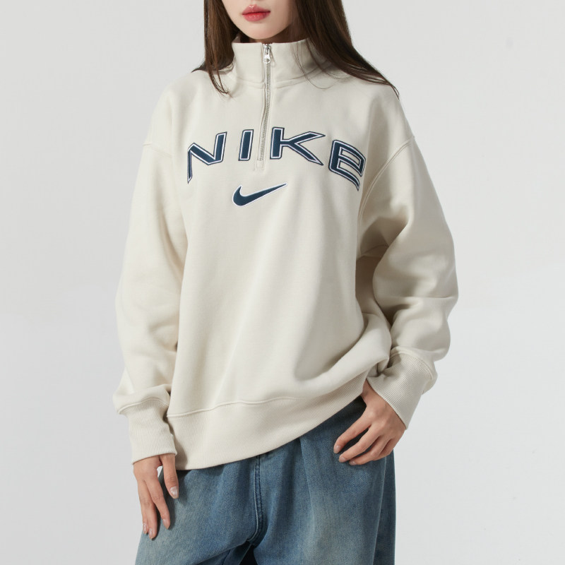 耐克加绒加厚卫衣女冬季半拉链针织保暖宽松休闲学生套头衫FV7680