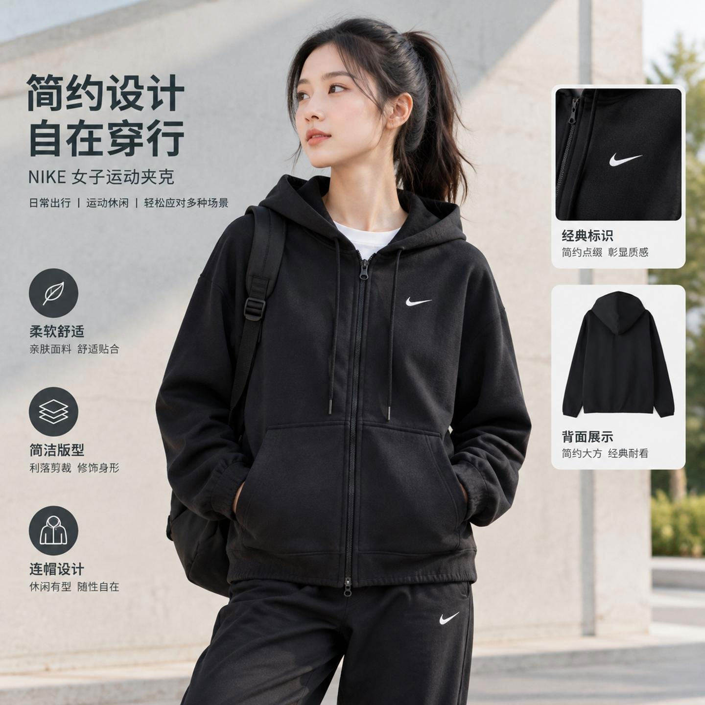 Nike耐克外套夹克女秋季新款透气休闲针织梭织连帽卫衣外套