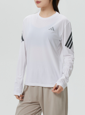 阿迪达斯女装白色长袖T恤2026春季新款运动休闲跑步健身衣KE6842