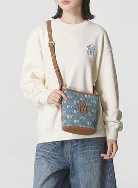 MLB水桶包男女单肩包26新款NY老花满印牛仔休闲斜挎包3ABMMV55N