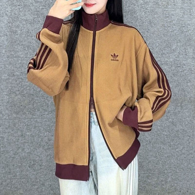 阿迪达斯三叶草华夫格外套官方正品男女款秋季新款卡其色韩版外套