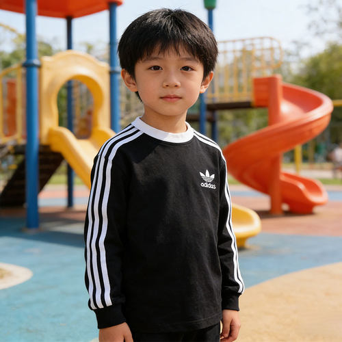 adidas阿迪达斯三叶草童装男大童黑色运动休闲圆领长袖T恤KW9607