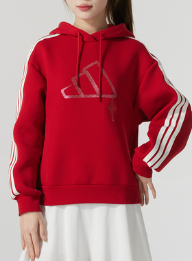 阿迪达斯女装红色新年款连帽卫衣2025冬季运动服休闲套头衫JZ1636