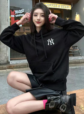 美职棒MLB黑色连帽卫衣男女上衣25新年款春装印花套头衫3AHDQ0141