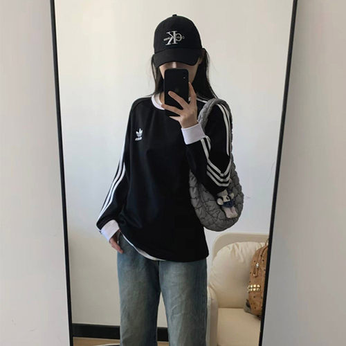 阿迪达斯三叶草jennie/马思纯同款三条纹长袖T恤女装休闲服打底衫