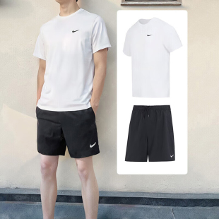 跑步运动套装 NIKE耐克男装 训练健身服跑步休闲半袖 白T恤短裤 短袖