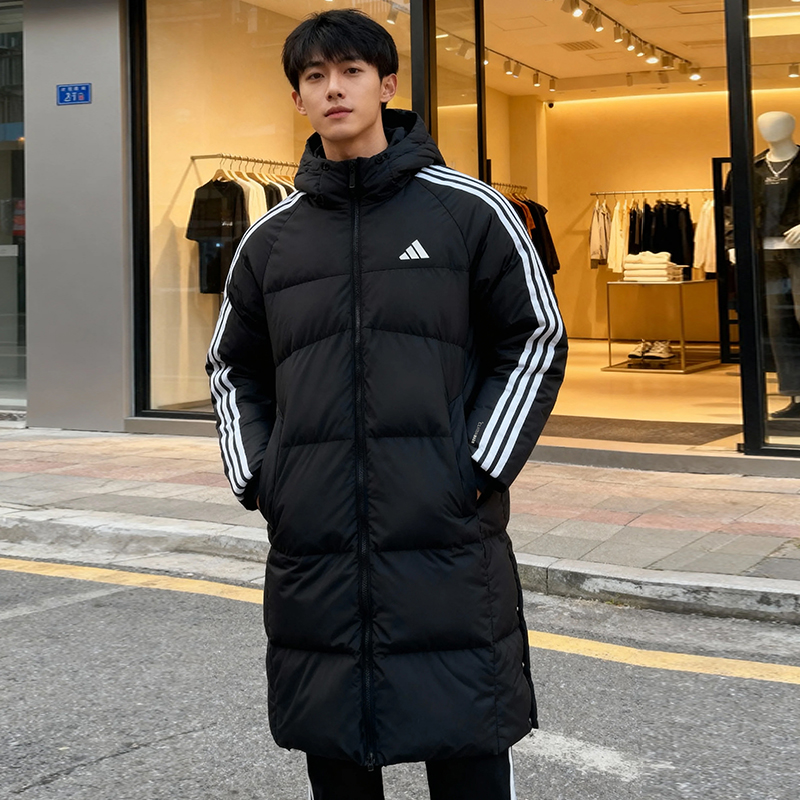 Adidas阿迪达斯长款羽绒服男女情侣2025新款保暖三条纹过膝外套