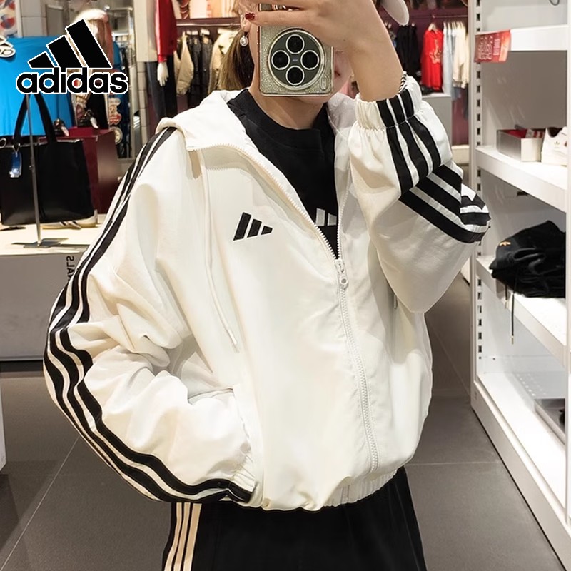 阿迪达斯ADIDAS白色梭织连帽夹克女26新款短款正品运动外套JZ2161图片