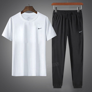 子2025新款 Nike耐克男装 T恤长裤 白色短袖 跑步休闲两件套 运动套装