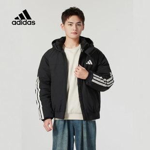 阿迪达斯黑色连帽羽绒服男2025冬季新款保暖运动服宽松夹克JG3845