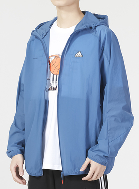 阿迪达斯梭织外套男装2025冬季新款跑步训练运动服蓝色夹克IA8149