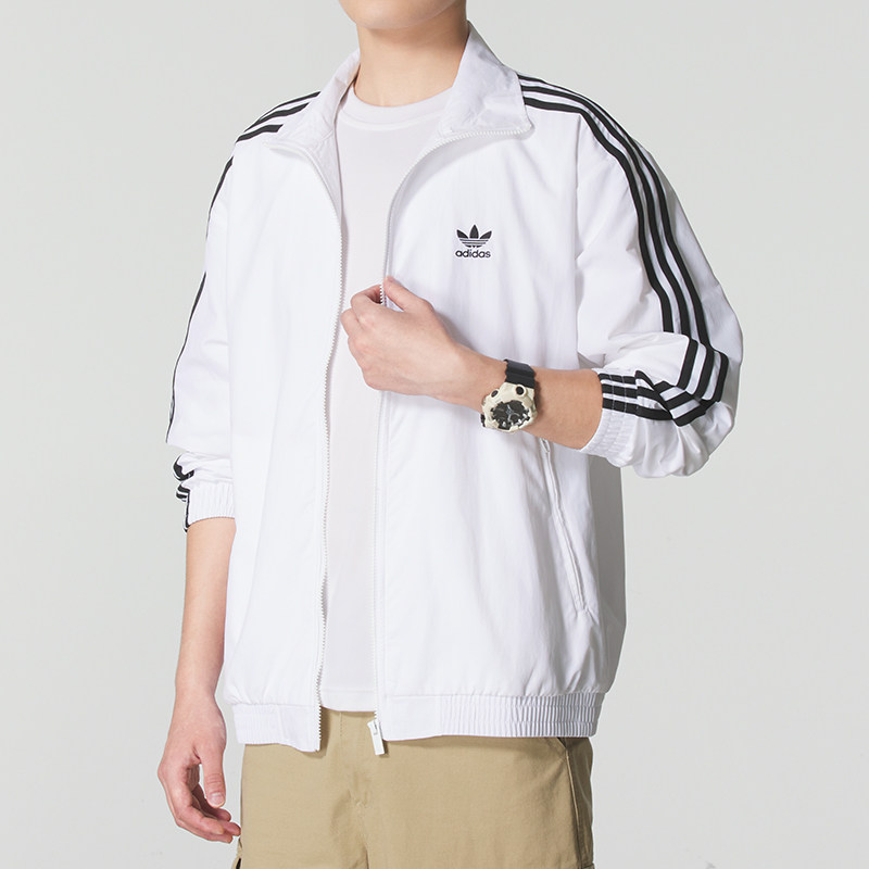 阿迪达斯三叶草男士白色梭织夹克外套26春季新款跑步运动服JY1328