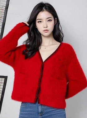 adidas阿迪达斯三叶草女红色新年款开衫26春季毛绒运动外套KT3171