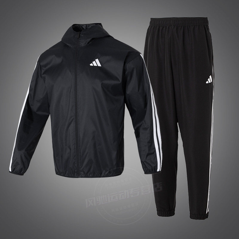 Adidas阿迪达斯夏季休闲两件套男子跑步运动套装连帽夹克长裤子