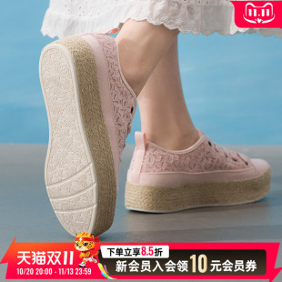 斯凯奇女鞋休闲鞋帆布鞋蕾丝网面透气五孔绑带草编厚底舒适低帮鞋