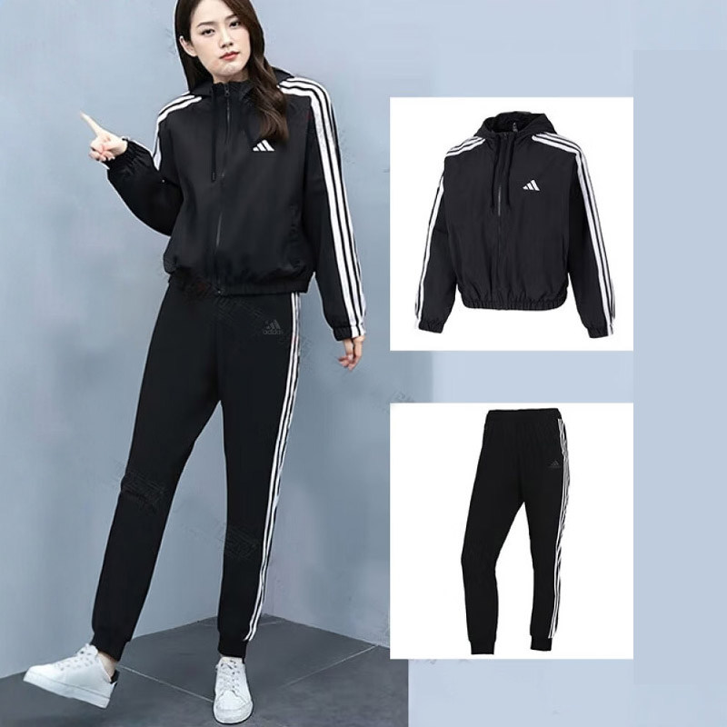 阿迪达斯女装黑色三条纹运动套装梭织夹克外套长裤子26春季两件套