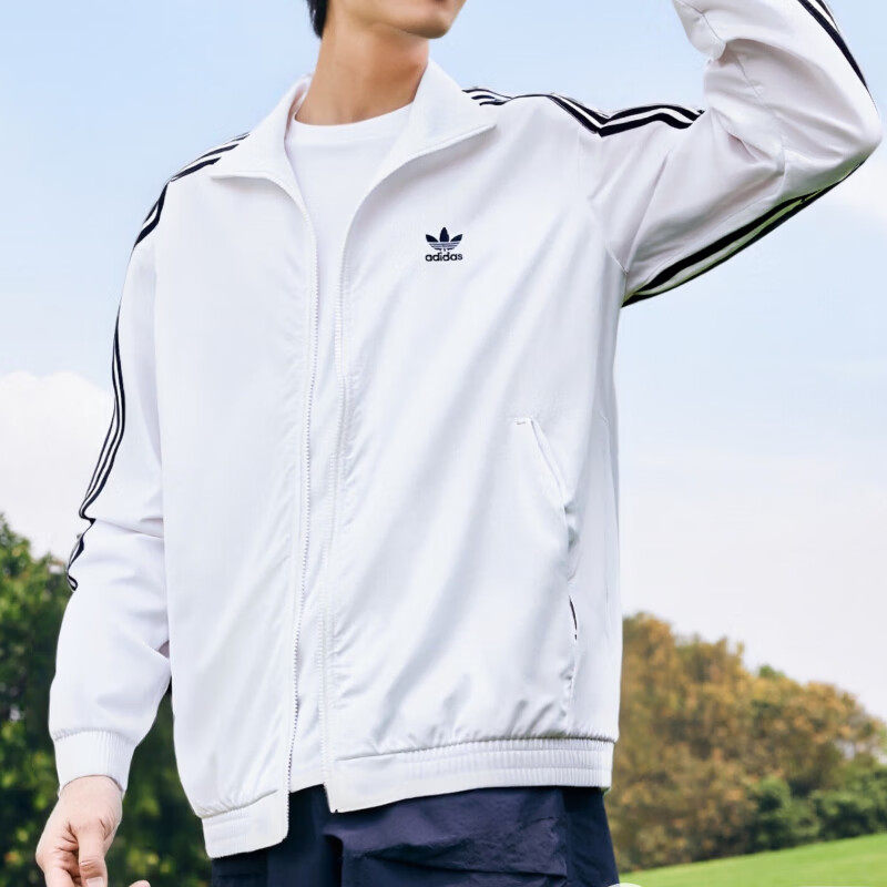 阿迪达斯三叶草外套男款白色梭织夹克2026春季新款三条纹运动服