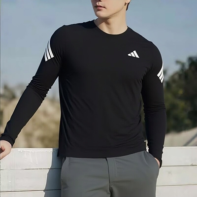 阿迪达斯男装黑色长袖T恤26春新款内搭套头衫跑步运动衬衫KE6831