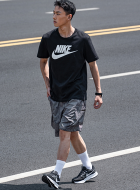 NIKE耐克圆领短袖25冬季男子休闲纯棉透气经典黑色运动T恤AR5005