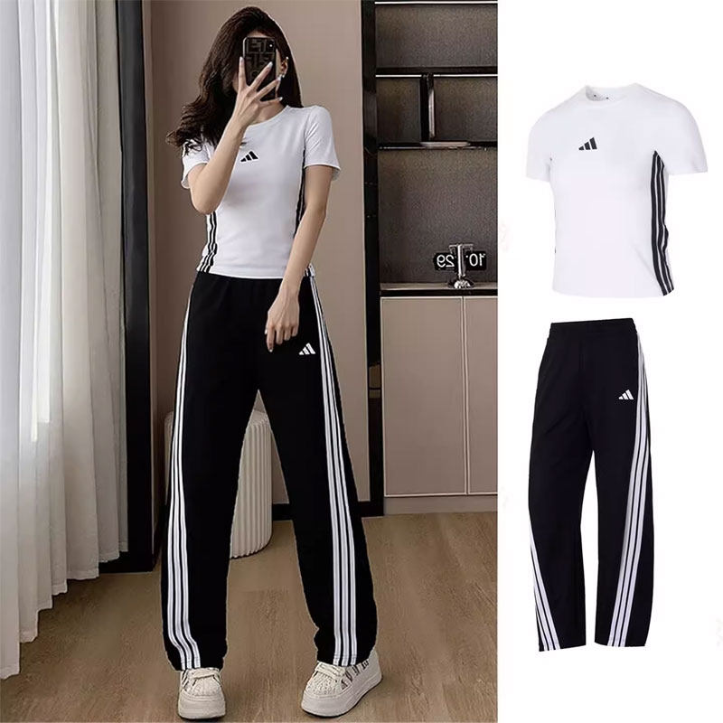 阿迪达斯女装运动套装修身短袖白T恤直筒长裤子2026新款跳舞跑步