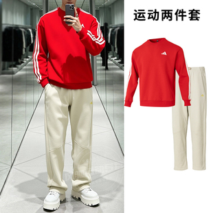 阿迪达斯男装运动套装红色圆领卫衣直筒长裤2026春季新年款套头衫