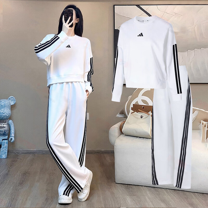 阿迪达斯女装白色卫衣直筒长裤子25新款圆领休闲运动套装套头衫