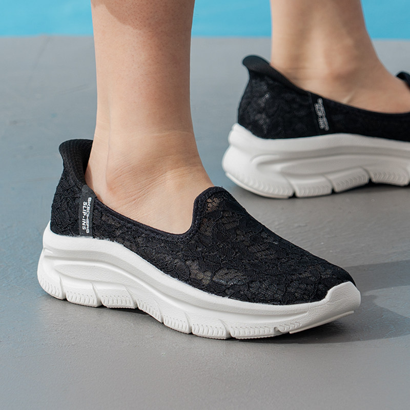 斯凯奇闪穿鞋透气蕾丝镂空女鞋浅口鞋休闲厚底运动鞋158858-BLK
