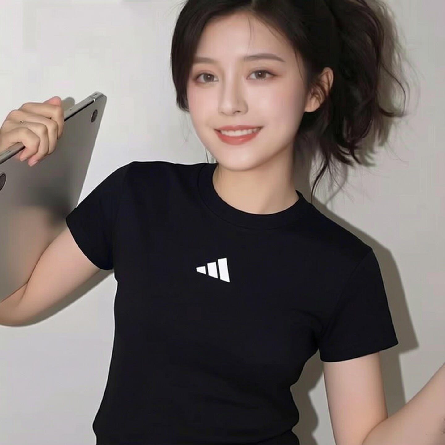 阿迪达斯女装黑色棉质收腰短袖T恤衫26夏款运动服透气半袖JE4000