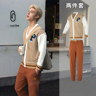 PUMA彪马运动套装男款撞色棒球服休闲运动服抽绳束脚针织长运动裤