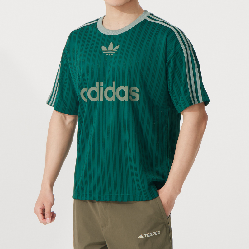 阿迪达斯三叶草绿色竖条纹短袖T恤男装25秋季新款运动服JP1028