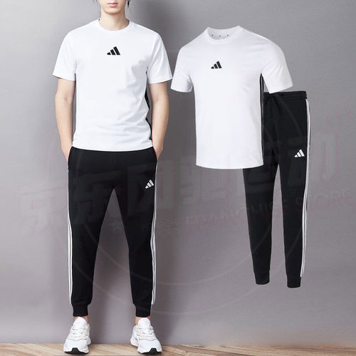 adidas阿迪达斯男装夏季休闲短袖长裤子2026新款圆领T恤运动套装
