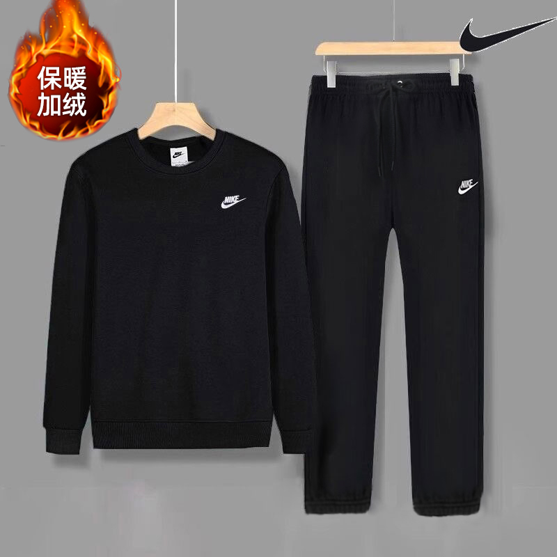 NIKE耐克冬季加绒保暖两件套男装黑色圆领卫衣长裤25新款运动套装