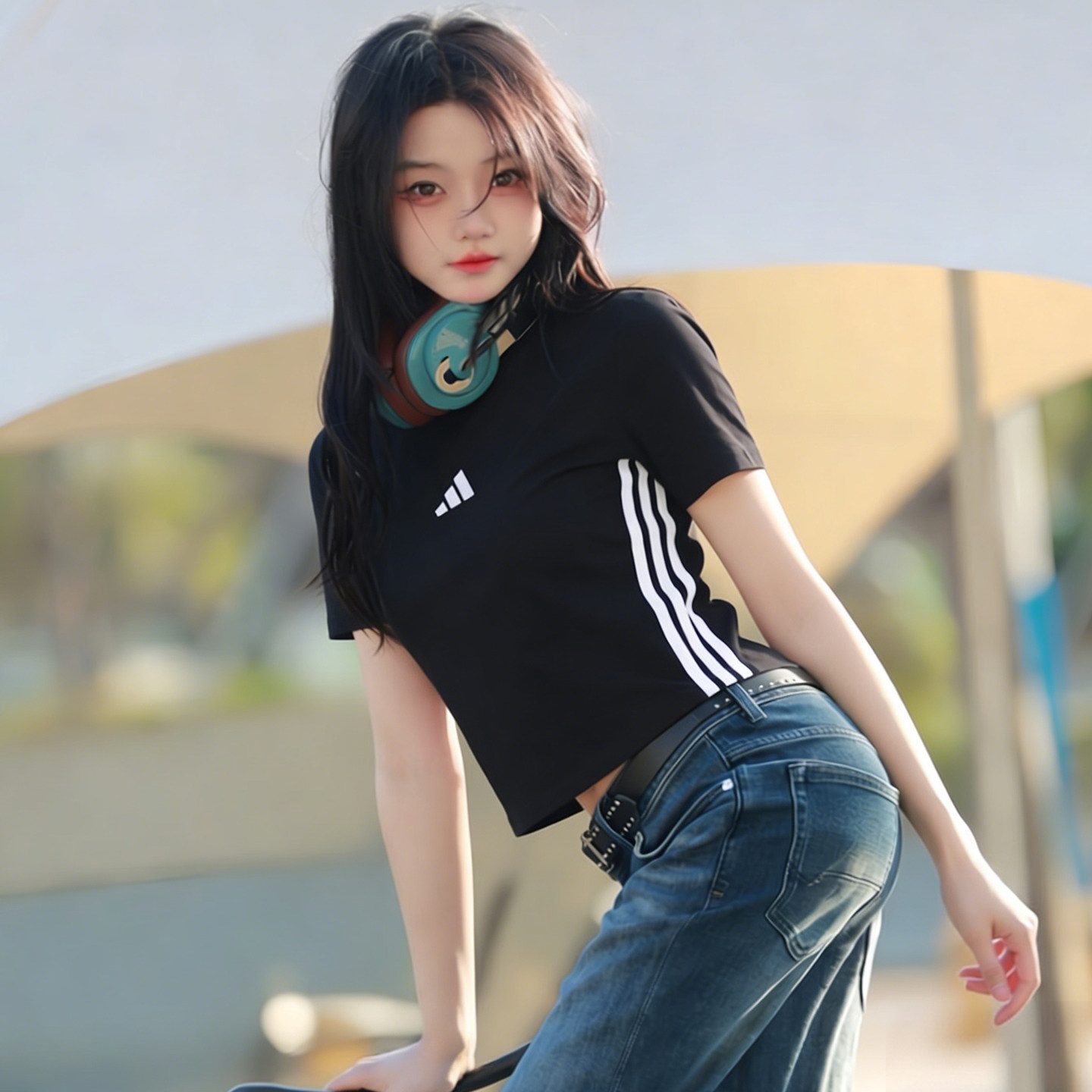 adidas阿迪达斯女装黑色短袖T恤2026春新款修身跑步运动服JC8326