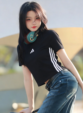 adidas阿迪达斯女装黑色短袖T恤2026春新款修身跑步运动服JC8325