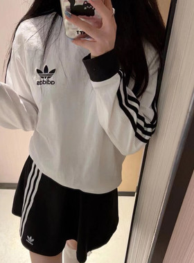 阿迪达斯三叶草男女白色长袖T恤25春新款休闲套头衫运动服IA4879